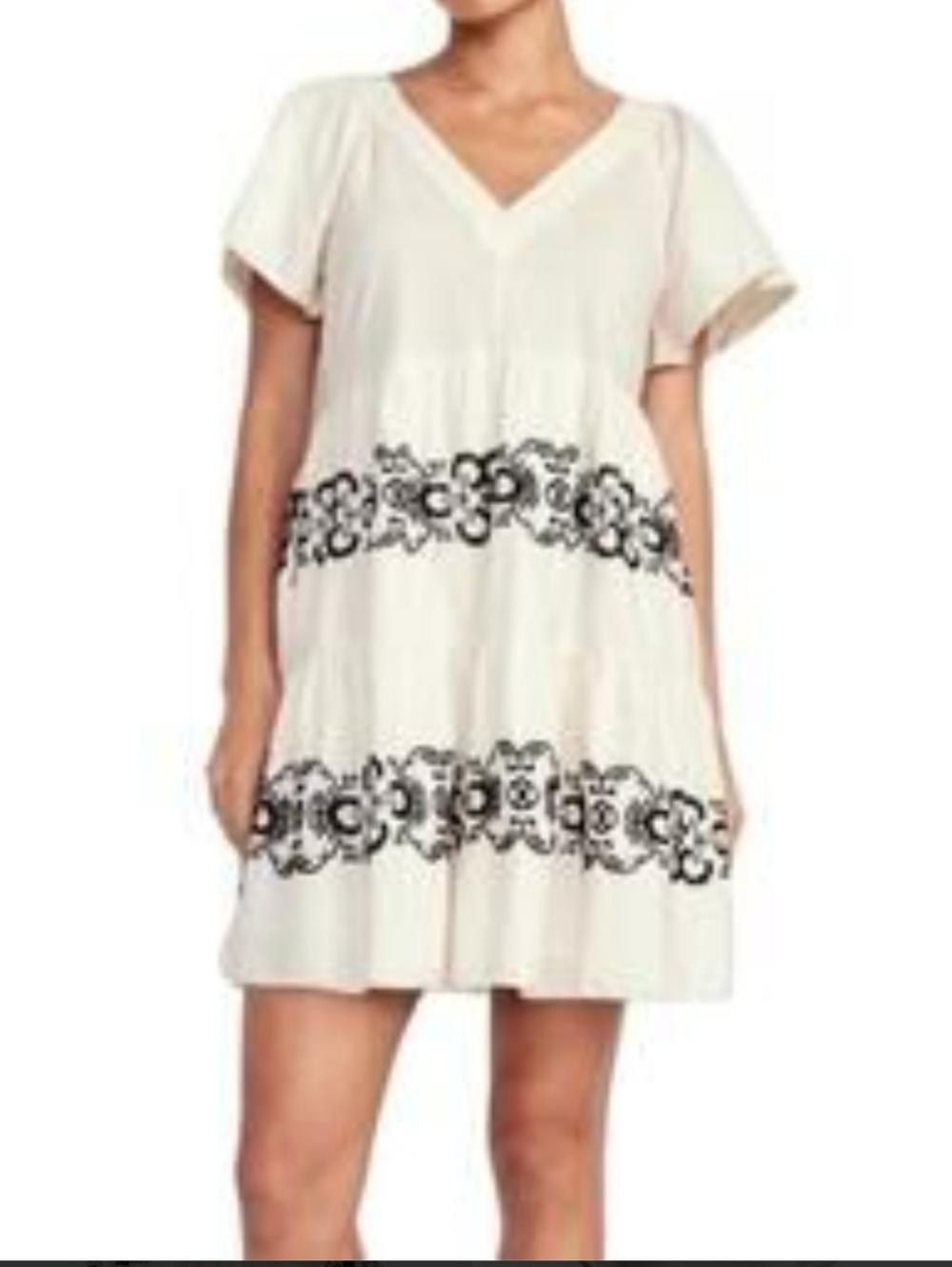 Old Navy NWT Women's Cream & Black Embroidered Mini Swing Dress Size L